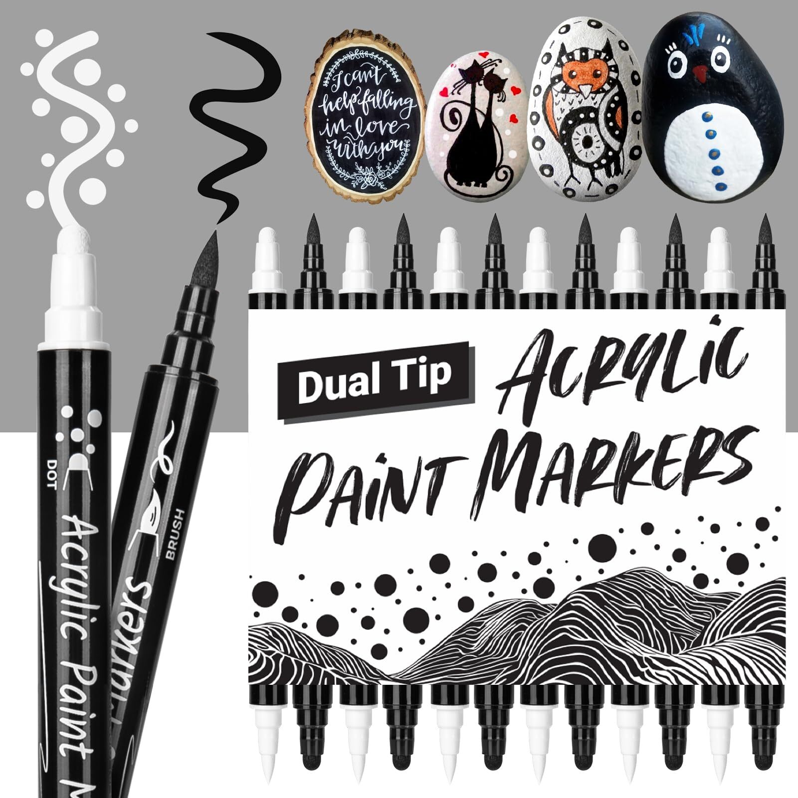 KERIFI Black and White Paint Pens, 12 Dual Tip Acrylic Paint Marker Brush Tip...