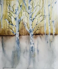 Watercolor Painting Abstract Birches Original print 7x9