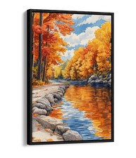 BEAUTIFUL AUTUMNAL ORANGE FOREST BY RIVER FLOAT EFFECT CANVAS WALL ART PIC PRINT