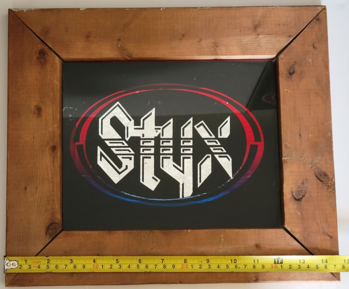 STYX Carnival Glass Mirror Foil Rock Band Music Wood Frame VTG 12