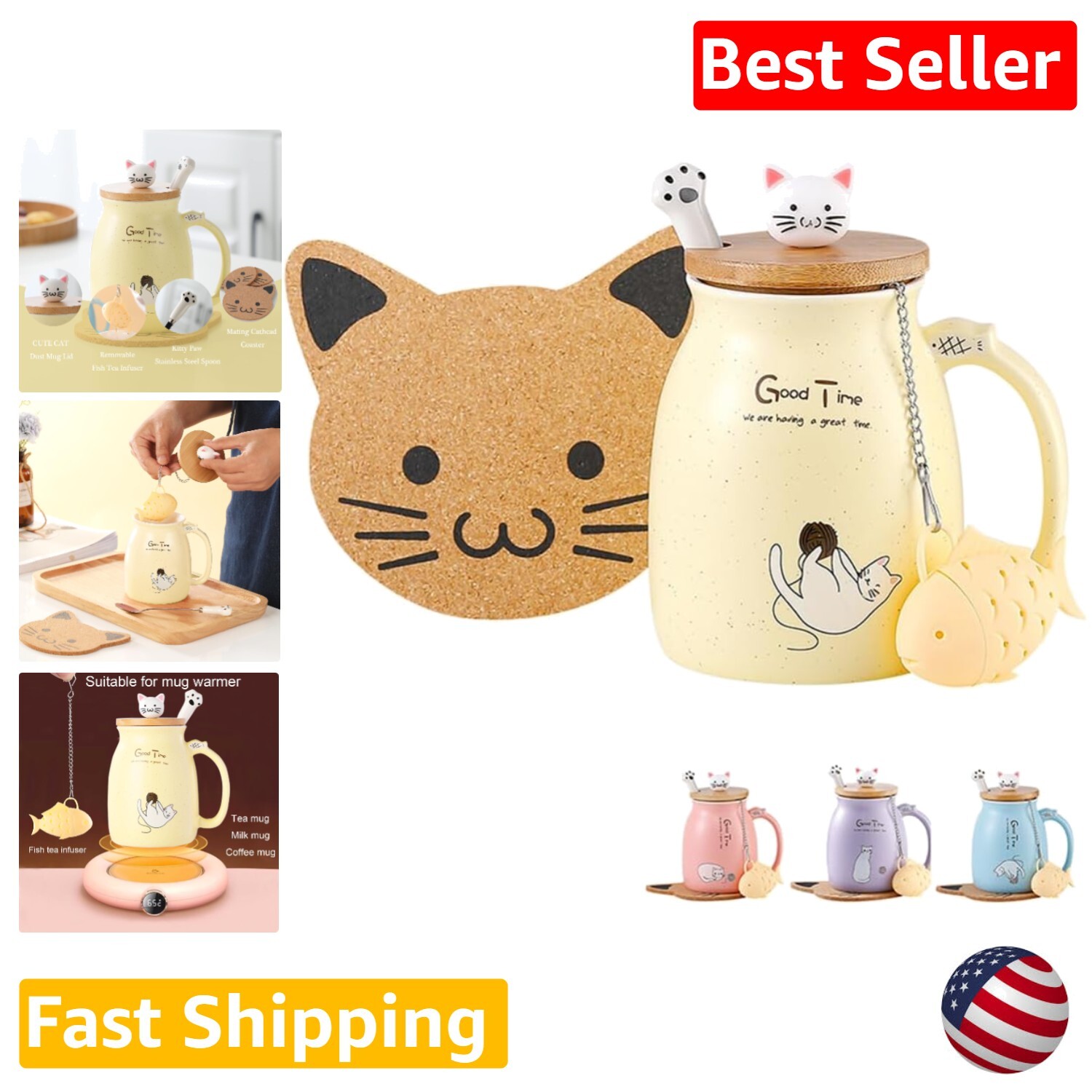 Cute Cat Mug with Infuser and Lid - Ceramic Tea Cup - Cat Gifts for Women - 13oz
