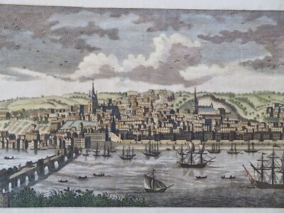 Newcastle Upon Tyne English City Panoramic View c 1780 hand colored lovely print