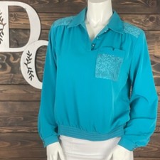 GRAFF 1970's Vintage Front Pocket Quarter Bomber Blouse Lace Crystal Flower