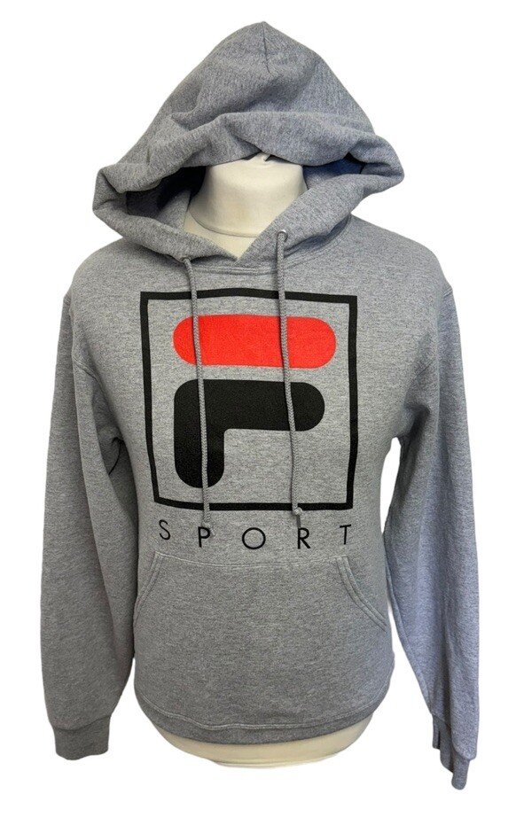 FILA SPORT Taglia Small Grigio Felpa con Cappuccio Retrò Manica Lunga 100% Cotone Uomo Come Nuova