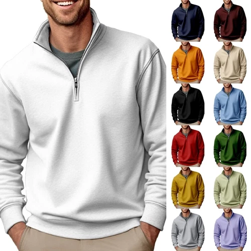 Herren lässig Baggy einfarbig Stehkragen T-Shirt Fleece 1/4 Reißverschluss Sweatshirt Tops - Bild 1 von 33