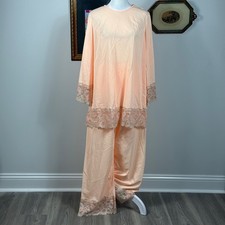 Vintage Radcliffe Peach Top Pant Set Lace Hems - SIZE L Feminine Coord Retro