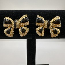 Vintage Joan Rivers Black Enamel Clear Rhinestone Bow Ribbon Earrings Pierced