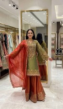 Latest Roman Glass Silk Green Kurta Palazzo With Dupatta For Functional Wear