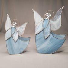 Stained Glass Angel Figurines Set Of 2 Two Blue White Archangel Metal Halo Decor