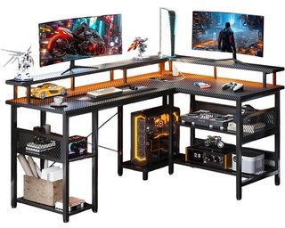 L Shaped Gaming Computer Desk Workstation with Storage Shelves RGB Lighting
