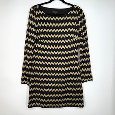 Nine West Womens Size 12 Lace Dress Black Gold Metallic Chevron Stripes Long Slv