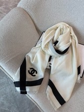 CHANEL 26S Black White Silk Cashmere Shawl Scarf 140x140cm Luxury Wrap