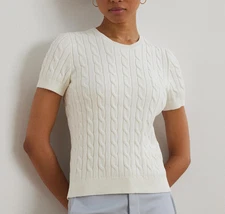 Lauren Ralph Lauren Women's Cable-Knit Cotton Short-Sleeve Sweater MSRP $125