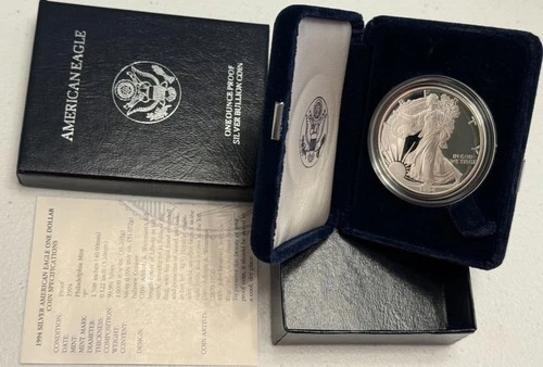 1994-P brilliant gem PROOF American SILVER EAGLE with case, box & COA. Pf ASE