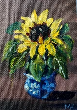 ACEO ORIGINAL oil painting  - Sunflowers flower - 2.5x3.5 in artist MK