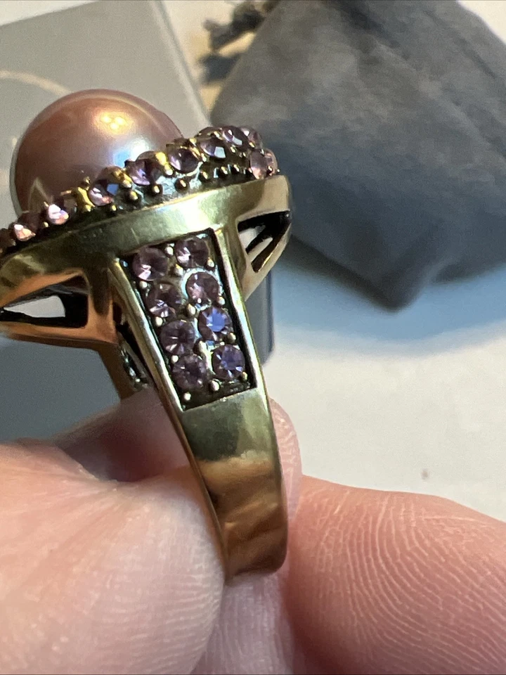 Heidi Daus Cocktail Ring Black Pearl Pink Stone Crystal Bronze Tone Sz 10 #JO31 - Image 4 of 4