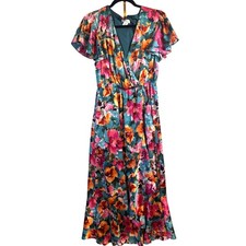 Nicole Miller New York Floral Maxi Dress Flutter Sleeve V Neck Women's M