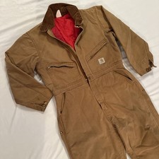 Vintage 90s Carhartt Duck Canvas Coveralls Union Made in USA 44R Tan 996OZ