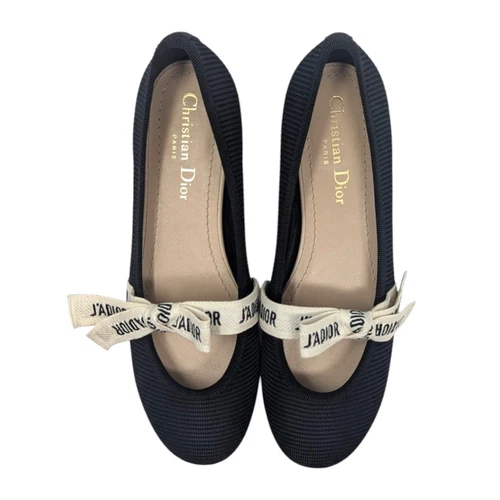 Ballerines plates Dior J'Adior bout rond logo ruban noeud mary jane noir blanc 36,5