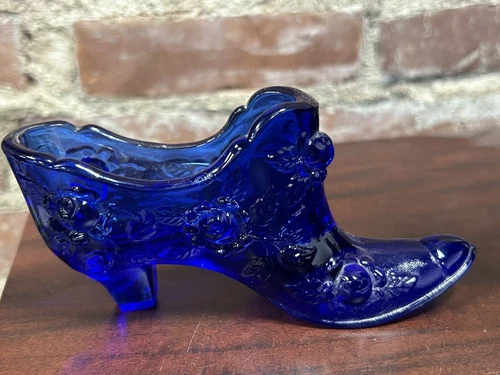 Fenton Glass Cabbage Rose Pattern Dark Blue Slipper Shoe
