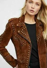 Women’s Brown Suede Leather Biker Jacket – Studded Western Vintage cowgirl Coat