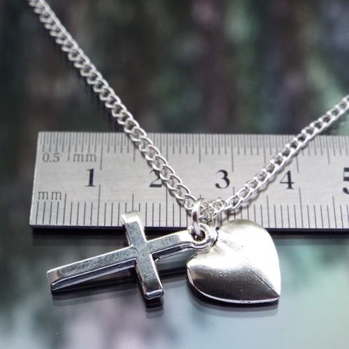 Cross & Heart Pendant Necklace with Silver Plated Chain by Hudegate - Picture 4 of 5