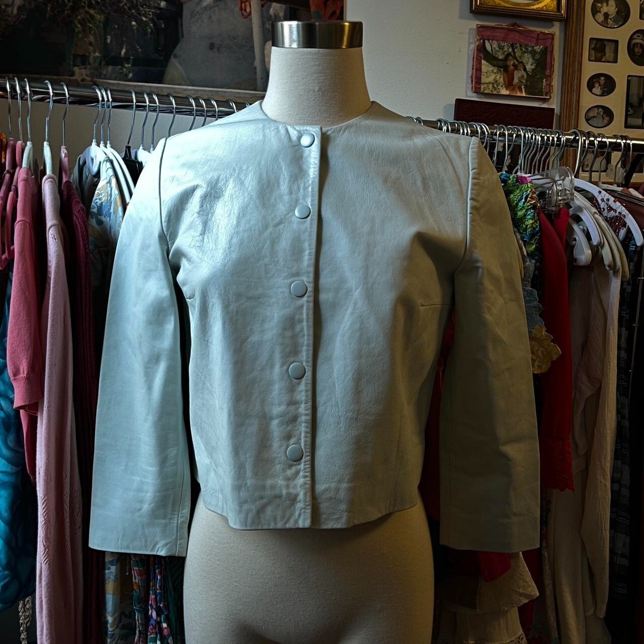 ALTRA Giacca Rachel Antonoff in pelle burrosa con bottoni verde come nuova blu e altre storie