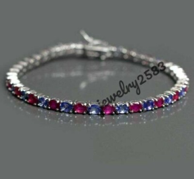13.5ct Simulated Ruby Women's Tennis Bracelet 14k White Gold Plated Silver