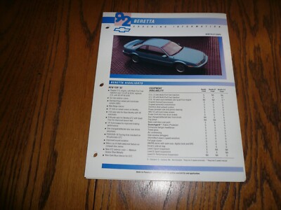 1992 Chevrolet Beretta Dealer Standard Available Features Ordering Information