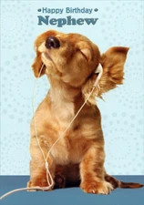 Designer Greetings Puppy Wearing Ear Buds Nephew Birthday Card