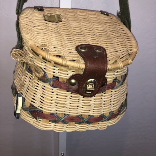 Vintage Woven Wicker Fishing Creel Backpack Bag Basket Canvas Strap New