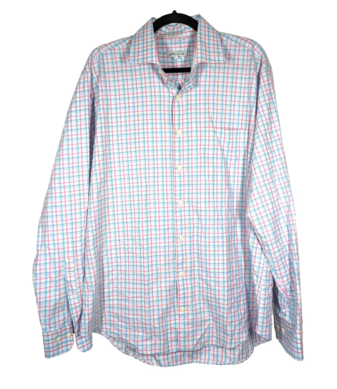 Peter Millar Shirt Mens Size Large Pastel Pink Blue Plaid 100% Cotton Long Slv