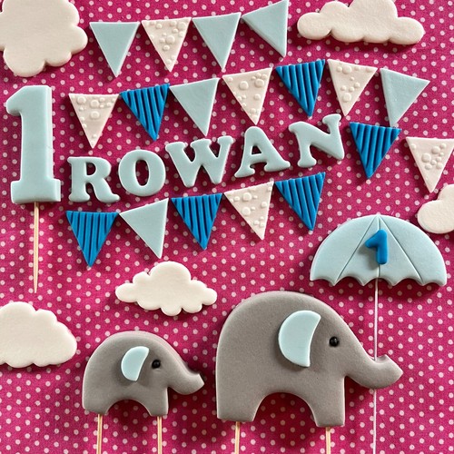 Edible BABY ELEPHANT UMBRELLA or balloon Name Age Clouds Bunting Cake Topper - Picture 11 of 12