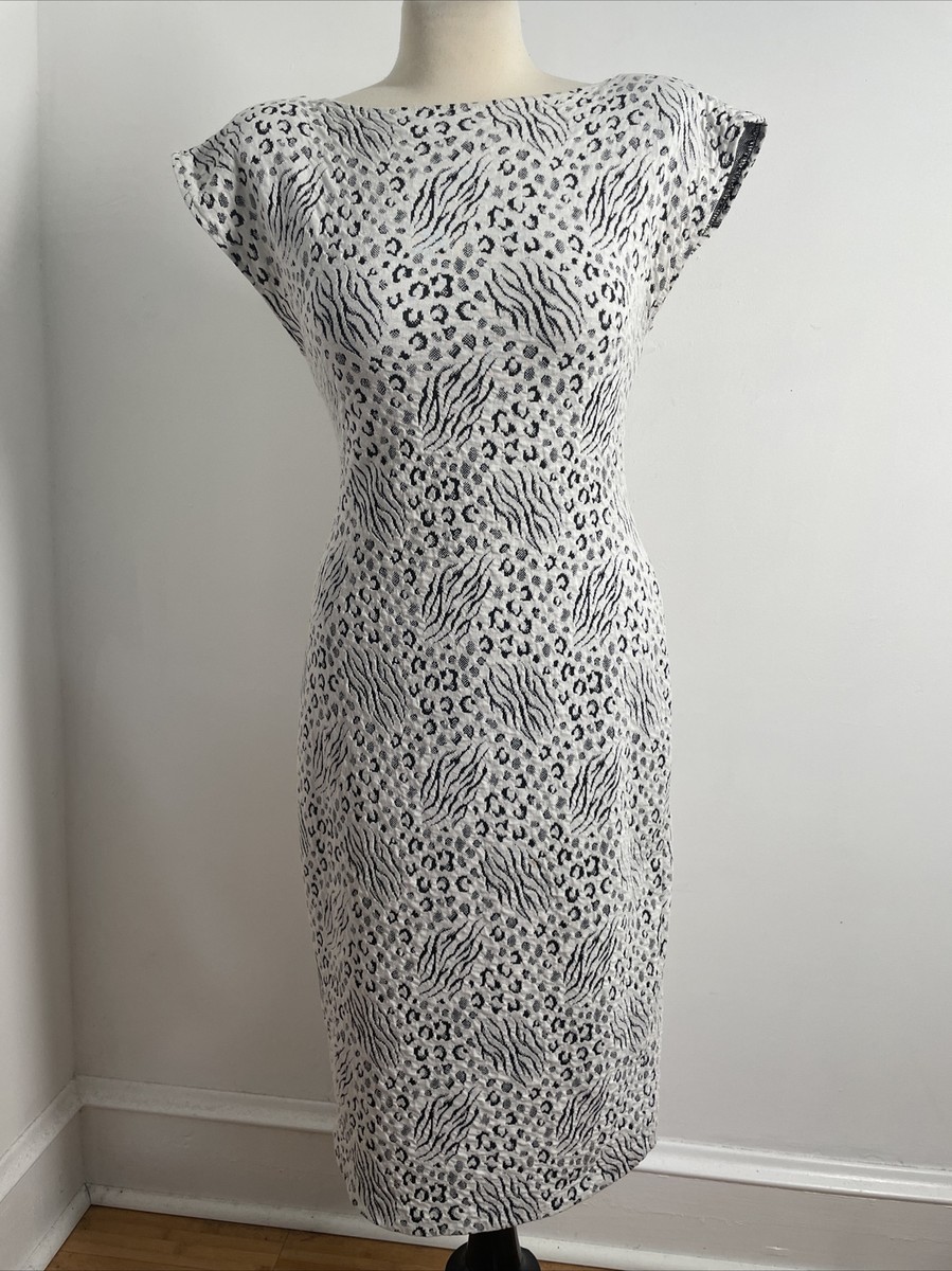 Vtg All That Jazz 7 White Leopard Print Sheath Flare Cap Sleeve Dress