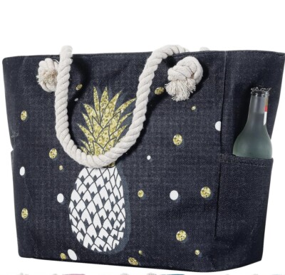 Zip Pineapple Motif Waterproof Tote, Rope Handle, 2 Side Pocket, 3 Inner Pockets