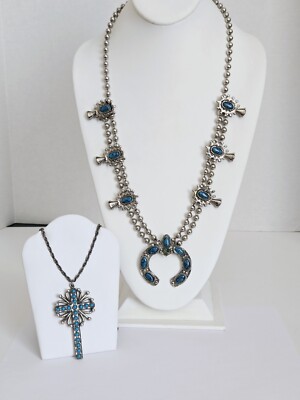 2 VTG Southwest Silver Tone Faux Turquoise Necklaces - Squash Blossom & Cross