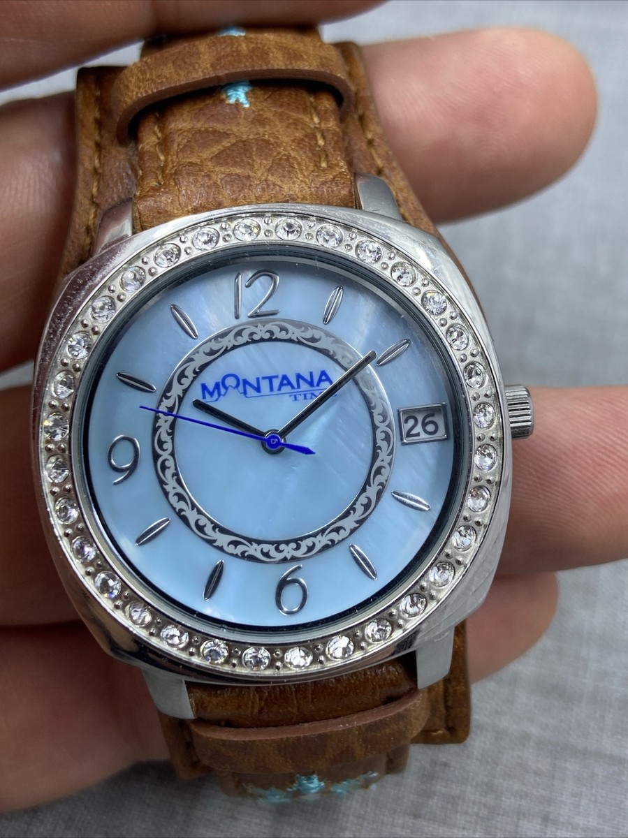 Montana Time Blue Dial Crystal Bezel Leather Cuff Quartz Watch
