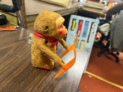 Vintage 1960s Japan Flocked Fur Windup Walking Monkey with Ski Toy