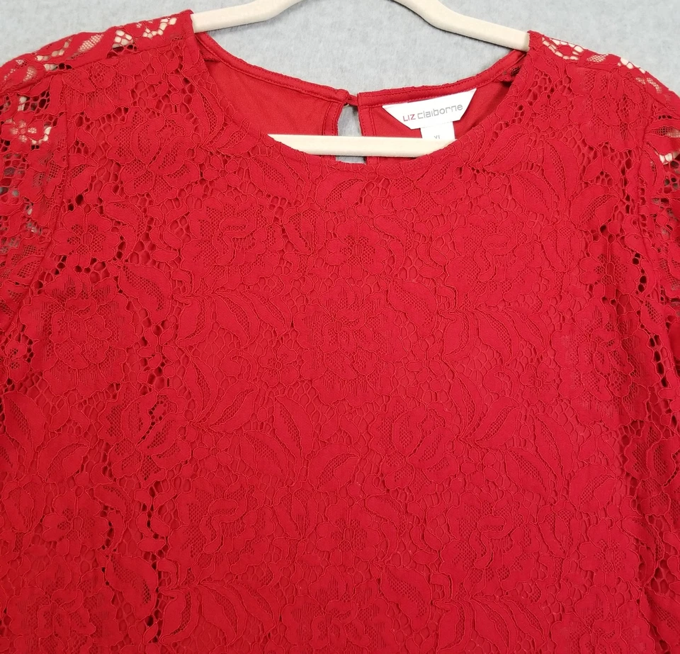 Top Liz Claiborne para mujer extra grande XL rojo encaje manga corta vacaciones romántico Foto 2 de 4