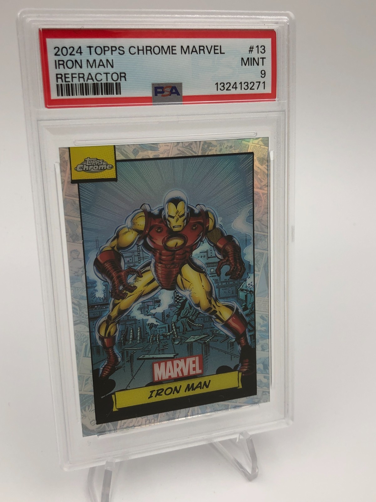 2025 TOPPS CHROME MARVEL Card  IRON MAN #13  REFRACTOR  graded slab PSA MINT 9 view 4