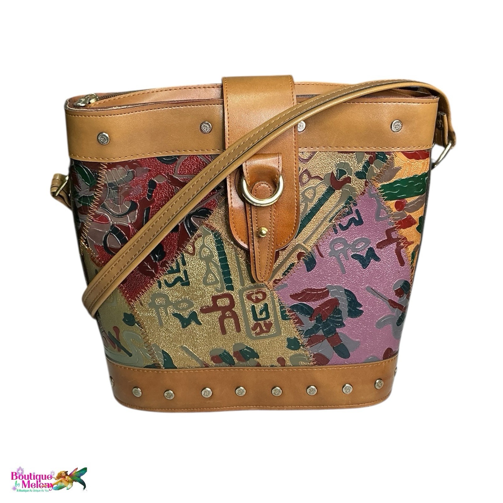 Hand Painted Leather Patchwork Crossbody Bucket B… - image 1