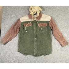 Colorblock Corduroy Hooded Shacket Green Mauve Frayed Hem Snap Front Jacket