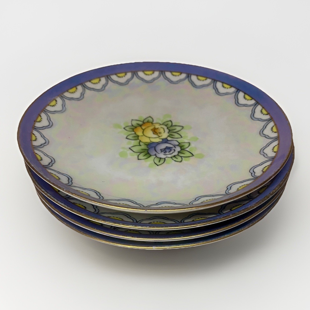 Meito China Japan Set 4 Salad Plates Hand Painted Floral Iridescent Blue VTG