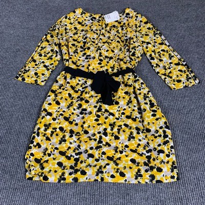 H&M Dress Womens 12 Yellow Fit Flare Belted Long Sleeve Lined AOP Wedding New