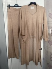F&F Beige 3pc Knit Loungewear Set UK 8-10 Cardigan Vest Top Trousers