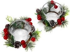 Set of 2 Christmas Glass Votive Candle Holders with Pinecone Berry Wreath Ring