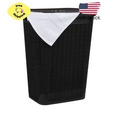 60L Black Slim Laundry Hamper, Clothes Basket, Lid, Linen Design, Plastic