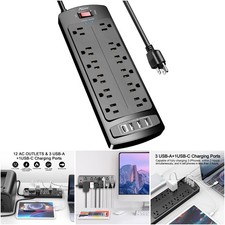12Outlet Surge Protector 6ft Cord 4USB Ports Black 2700Joules