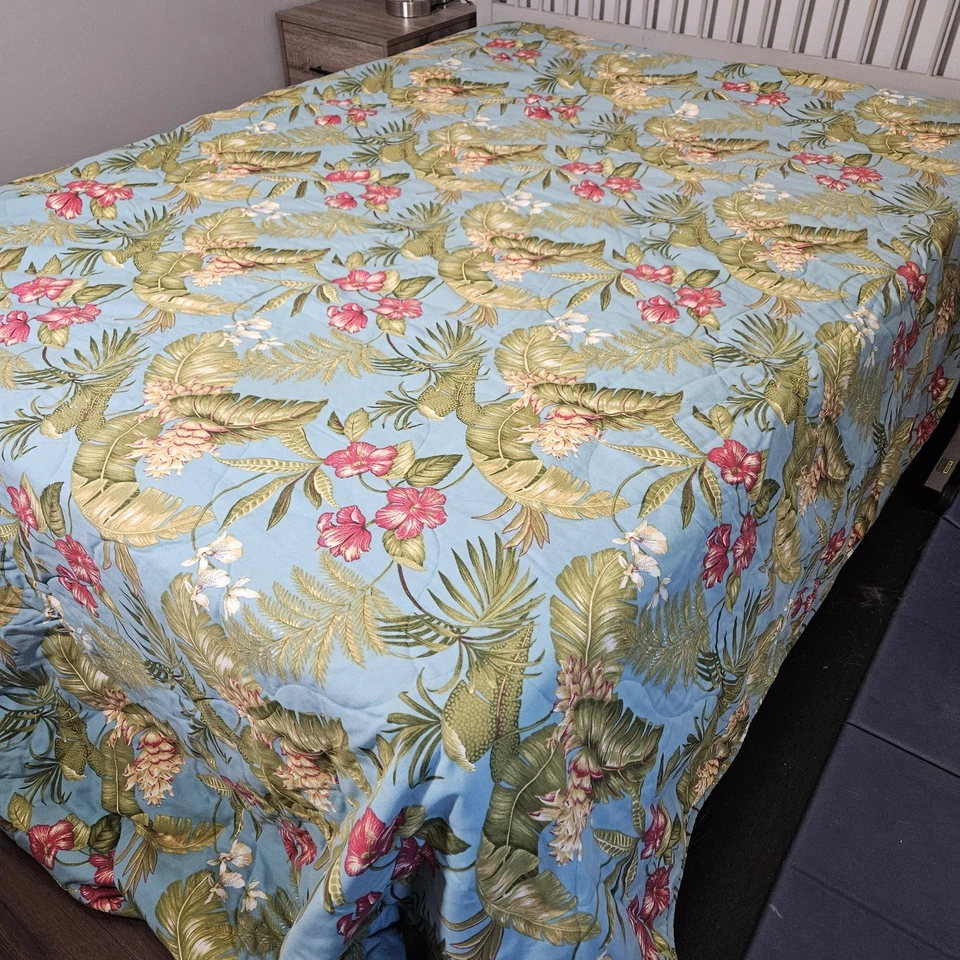 Colcha Thomasville Queen Azul Laguna Tropical Floral Estampado Hoja 103x124 EE. UU. Foto 2 de 4