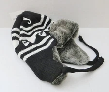 Trapper Hat Knit with Faux Fur Lined with Ties Black & White One size fits most